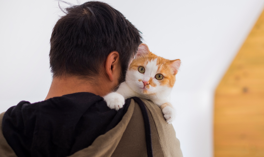 Hombre con su gato en el hombro