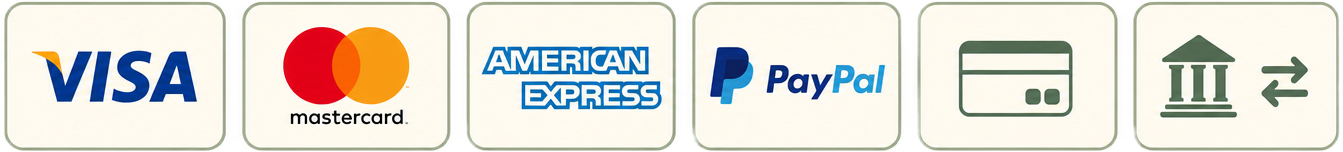 Métodos de pago aceptados: Visa, Mastercard, American Express, PayPal, tarjeta de crédito y transferencia bancaria